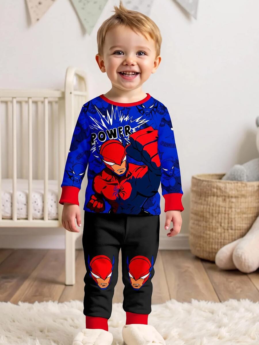 Young Boy Casual Minimalist Slim Fit Comfortable Crew Neck Short Sleeve Long Pants Loungewear, Suitable For Spring/Summer, Classic Handsome Spider Web Spider Hero Character Graphic Print, Suitable For Autumn/Winter - Multicolor - View 1
