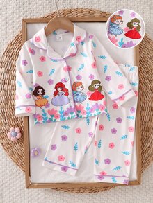 2pcs Set Piyama Bayi Perempuan Nyaman Lembut Hangat Lucu Putri Motif Bunga Warna-warni Merah Muda Tahan Api Kerah Depan Terbuka Lengan Panjang Celana Panjang - Baby Pink - View 7