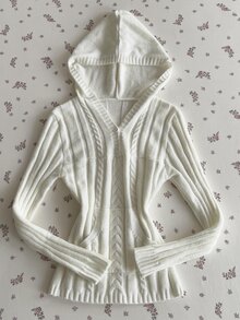 Elamini Soft Cream White Cable Knit Fitted Collar Sweater For Women - White - View 4