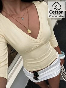 Aloruh Blue-Green V-Neck 3/4 Sleeve Slimming T-Shirt - Apricot - View 7