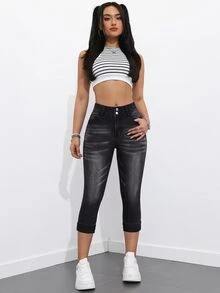 SHEIN Essnce 7英吋女款牛仔緊身牛仔褲 - 黑色 - 查看 6