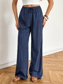 SHEIN Tall Women's Casual Lace-Up Straight Leg Pants, Suitable For Summer Wear - Navy Blue - View 1