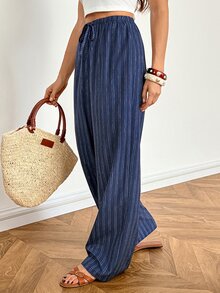 SHEIN Tall Women's Casual Lace-Up Straight Leg Pants, Suitable For Summer Wear - Navy Blue - View 3