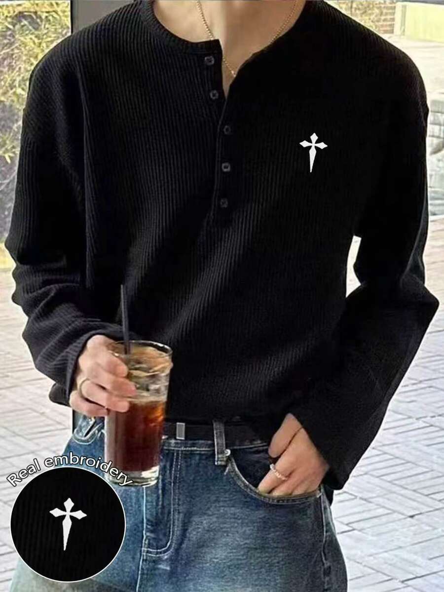 Resyla Men 男士印花半開襟鈕扣長袖T恤,萬聖節度假節日款,黑白配色,秋季街頭風 - 白色 - 查看 1