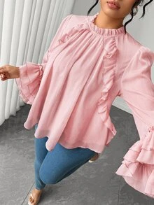 Elenzga Plus Size Chiffon & Satin Patchwork Cape Sleeve 2 In 1 High Neck Layered Hem Decorative Blouse, Elegant For Outings, Dates, Parties, Daily Commute - Pink - View 6