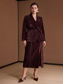 MOTF PREMIUM PLUS SIZE WOMEN'S AUTUMN/WINTER FAUX LEATHER TRIM DECORATED PATCH POCKET SUEDE BLAZER - Burgundy - View 1