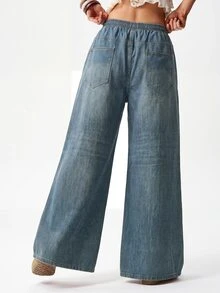 Bohemela Plus Size Women's High Waist Baggy Wide Leg Lace Patchwork Denim Jeans With Drawstring Waist - Medium Wash - View 4