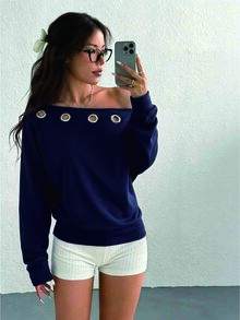 SHEIN EZwear 女款休閒不對稱領口衛衣，飾有金屬孔眼裝飾 - 藏蓝色 - 查看 7