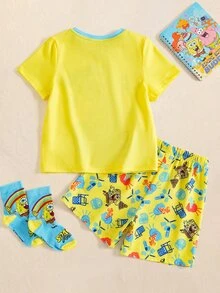 SpongeBob SquarePants | SHEIN 小男孩卡通印花短袖上衣與休閒短褲家居服套裝 - 黃色 - 查看 2