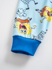 SpongeBob SquarePants | SHEIN Young Boy Cartoon Print Top And Long Pants Snug Fit Loungewear - Blue - View 7