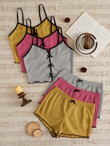 Softscene 女款蝴蝶結裝飾細肩帶上衣與短褲居家服套裝 - 彩色 - 查看 1