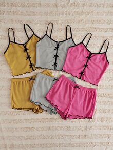 Softscene 女款蝴蝶結裝飾細肩帶上衣與短褲居家服套裝 - 彩色 - 查看 6