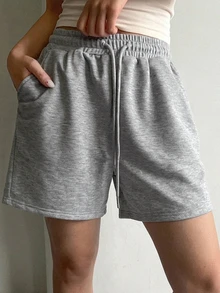 DAZY 女款純色抽繩腰口袋休閒短褲 - 灰色 - 查看 7