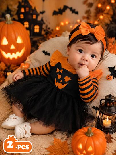 SHEIN Gaun Bayi Perempuan Motif Lucu dengan Hiasan Rumbai, Lengan Panjang, Rok Jala Mengembang, dan Bando yang Serasi, Kostum Halloween