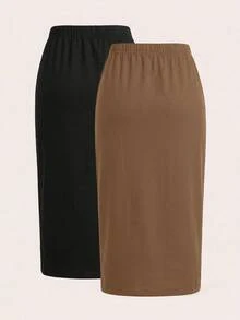 SHEIN LUNE 2件裝黑色休閒素色鉛筆中長裙 - 彩色 - 查看 2