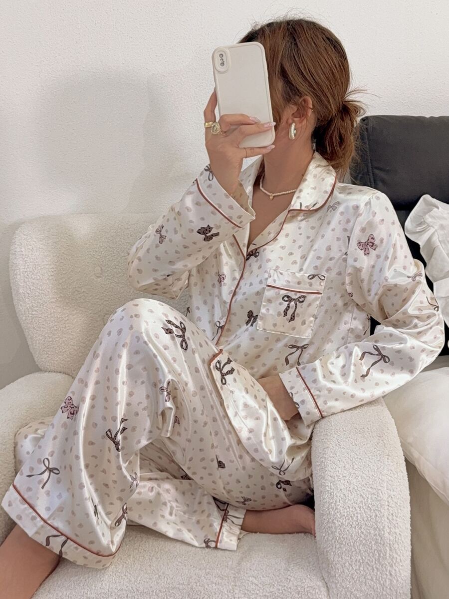 Napfluff Women's Faux Silk Printed Open Front Lapel Long Sleeve Long Pants Pajama Set - Champagne - View 1