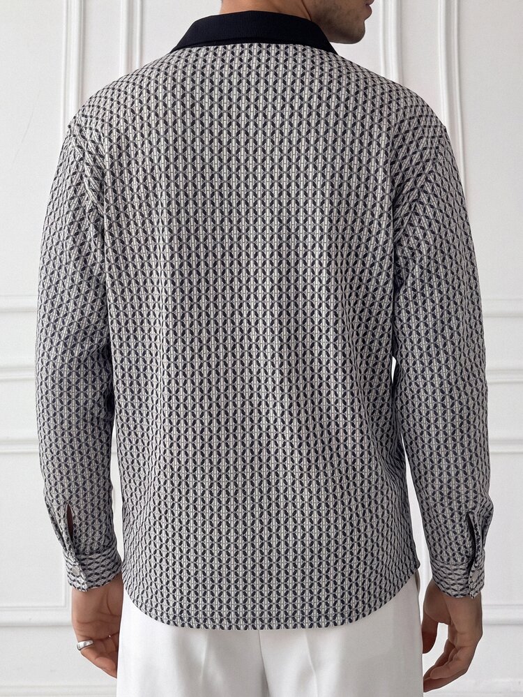 HUEFORM Men's Vintage 90s Casual Geometric Print Single-Breasted Long Sleeve Shirt Date Night Sunrise Black And White Summer - Black - View 2