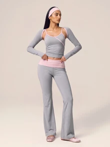 SHEIN BAE Women Light Pink High Waist Flare Pants Gym Workout Training Running Yoga Athletic Low Waisted Activewear Pilates Gym Summer - Light Grey - View 3