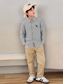 SHEIN 1件兒童青少年男孩黑白條紋單排扣短袖紋理休閒條紋領襯衫，秋冬款，休閒學院風，舒適時尚，簡約實用百搭，可愛柔軟，適合日常穿著、上學、旅行、海邊度假 - 黑色 - 查看 3