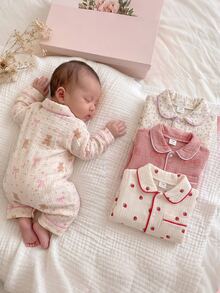 SHEIN Vintaside Kids 新生兒舒適柔軟保暖米色獅子熊貓熊月亮兔子印花領口鈕扣前開長袖連身衣 4件/1 - 彩色 - 查看 1