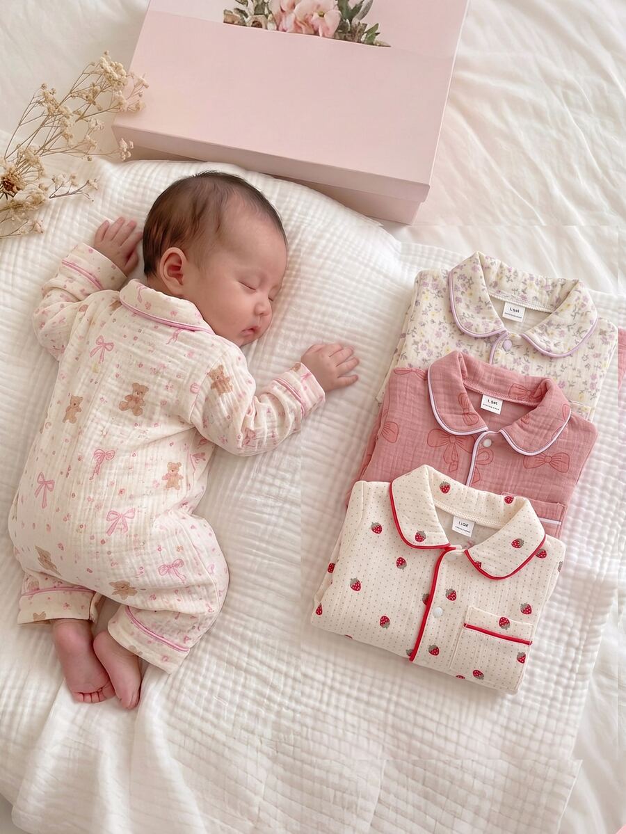 SHEIN Vintaside Kids 新生兒舒適柔軟保暖米色獅子熊貓熊月亮兔子印花領口鈕扣前開長袖連身衣 4件/1 - 彩色 - 查看 1