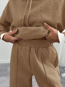 SHEIN طقم قطعتين للنساء: سويت شيرت بغطاء رأس من القطن البني بحجم صغير & بنطال رياضي فضفاض - شوكولاته بني - مشاهدة 8