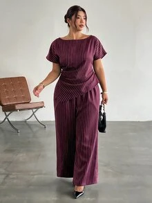 Firerie Plus Size Fashion Commuter Striped Shirt & Pants Suit Set - Red Violet - View 7