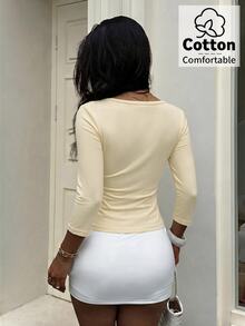 Aloruh Blue-Green V-Neck 3/4 Sleeve Slimming T-Shirt - Apricot - View 2