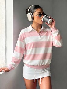 Dewbera Dewbera Color Block Striped Casual Sports Sweatshirt - Pink - View 5