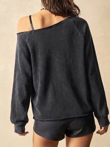Bohemela Women's Autumn Casual Red Lip Print Asymmetric Collar Sweatshirt - Black - View 7