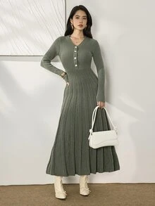 Heiryn Women's Button Half-Placket Long Sleeve Sweater Dress - Dark Green - View 1
