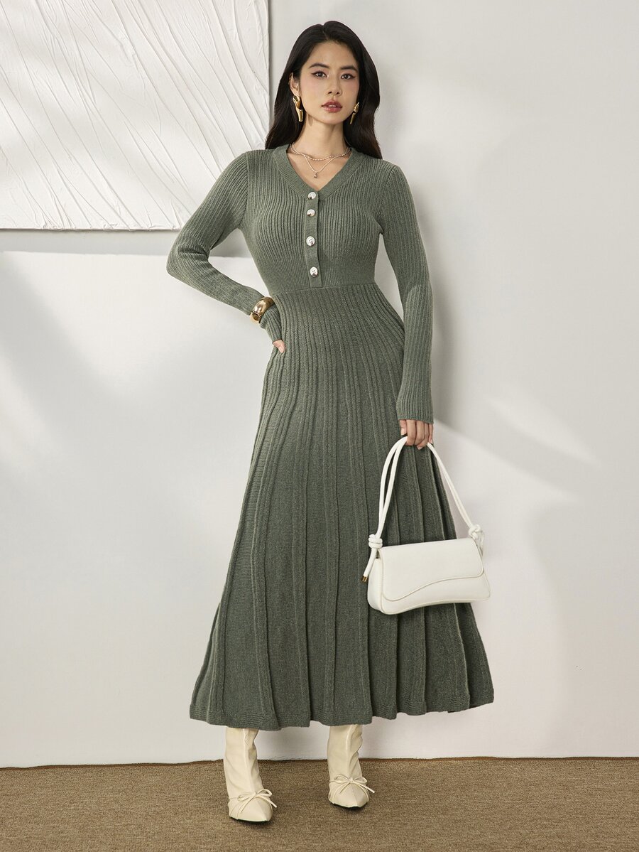 Heiryn Women's Button Half-Placket Long Sleeve Sweater Dress - Dark Green - View 1