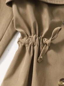 Girls' Mid-Length Classic Double-Breasted Lapel Waist-Cinching Trench Coat, Fall Clothes, Deep Khaki, Spring/Autumn - Brown - View 6