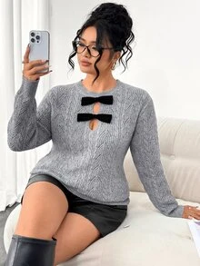 Elenzga Hollow Cable Round Neck Double Bow Front Cutout Slim Fit Long Sleeve Sweater - Grey - View 7