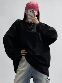DAZY 女款字母印花休閒百搭長袖T恤，適合日常穿著，秋季寬鬆大版女式T恤 - 黑色 - 查看 6