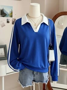 INAWLY Women's Minimalist Striped Contrast Color Long Sleeve Casual Sweatshirt - Blue - View 1