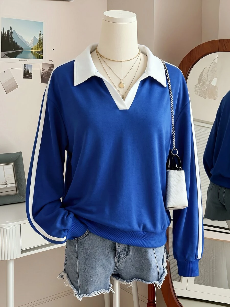 INAWLY Women's Minimalist Striped Contrast Color Long Sleeve Casual Sweatshirt - Blue - View 1