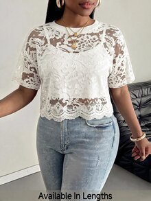 SHEIN PETITE CURVE 大尺碼女款法式性感透視蕾絲上衣 - 白色 - 查看 1