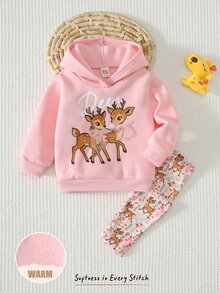 Cozy Pixies 女嬰卡通動物圖案針織軟綿圓領長袖套頭衛衣與鬆緊腰長褲兩件套 - 粉色 - 查看 6