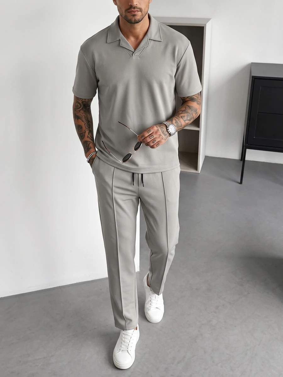 Manfinity Homme Men's Solid Color Polo Shirt With Turn-Down Collar And V-Neck, Short Sleeve, Long Pants Set - Grey - View 1