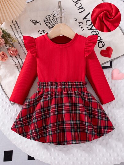 Vintaside Kids 2pcs/Set Baby Girl Autumn/Winter New Back To School Season Christmas New Year Red Sweet British Style Ribbed Knit / Plaid Fabric Patchwork Flutter Sleeve Long Sleeve T-Shirt Top, Plaid Skirt, Suitable For New Year Celebration, Birthday Party, Holiday Photo, Back To School, Daily Outing, Festive Red Outfit For Baby Girl