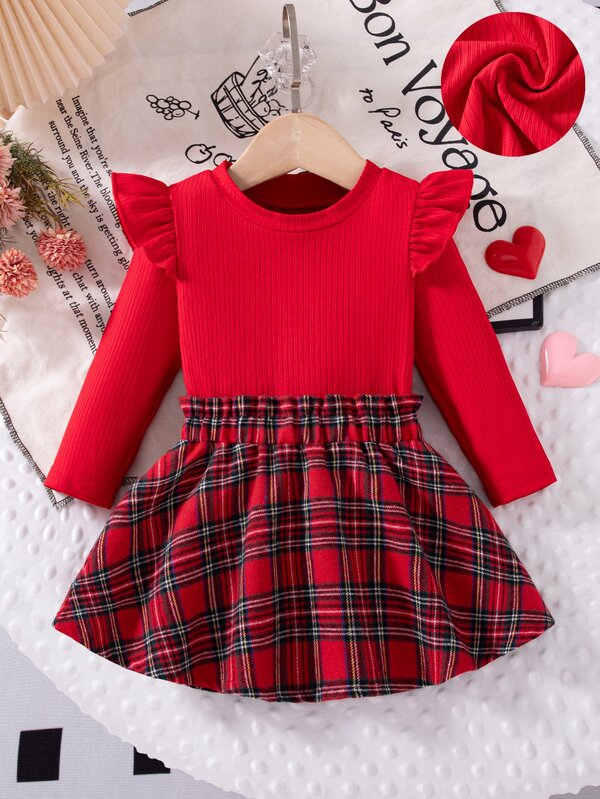 Vintaside Kids 2pcs/Set Baby Girl Autumn/Winter New Back To School Season Christmas New Year Red Sweet British Style Ribbed Knit / Plaid Fabric Patchwork Flutter Sleeve Long Sleeve T-Shirt Top, Plaid Skirt, Suitable For New Year Celebration, Birthday Party, Holiday Photo, Back To School, Daily Outing, Festive Red Outfit For Baby Girl