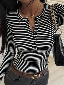 DAZY 女款條紋修身性感休閒套頭街頭風T恤 秋季 - 黑色 - 查看 2