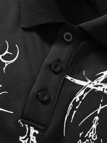 ROMWE MEN Men's Cross Slogan Print Long Sleeve Polo Shirt - Black - View 4