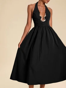 Travachic Elegant Sexy Backless Halter Neck Dress Night Out Vacation Black And Silver Summer - Black - View 7