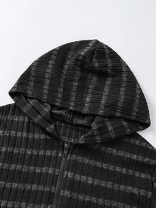 青少年女孩條紋長袖拉鍊休閒運動衫 - 黑色 - 查看 3