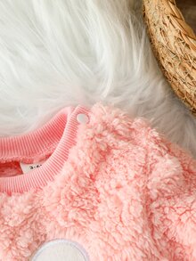 SHEIN Playful Pals 嬰兒服裝套裝，秋冬新款甜美可愛衛衣與毛茸茸長褲 2 件套，粉色可愛兔子圖案，加厚抓絨套裝 - 粉色 - 查看 6