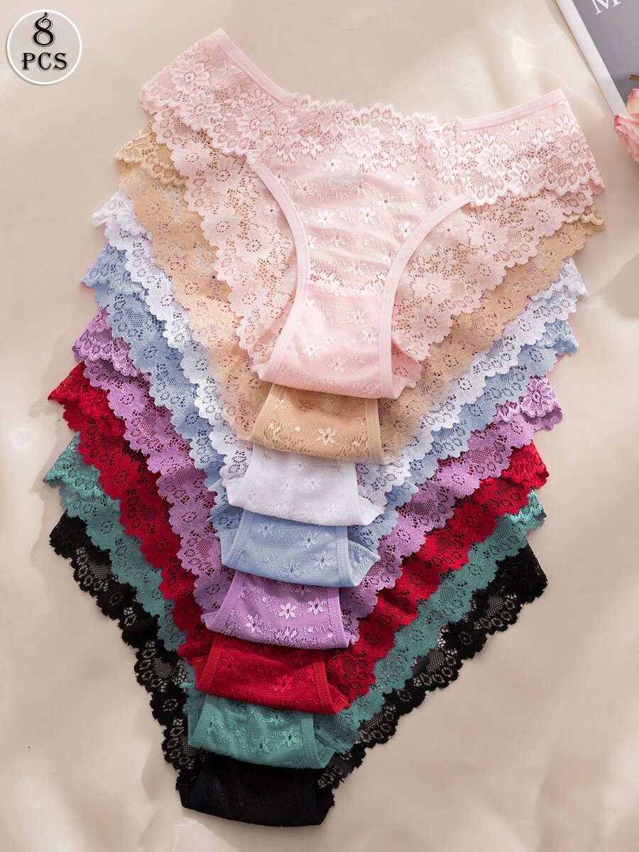 SHEIN 8件組浪漫性感蕾絲女款三角內褲套裝 - 彩色 - 查看 1
