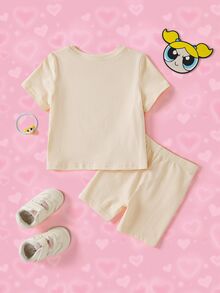 THE POWERPUFF GIRLS X SHEIN Baby Girl Cartoon Print Short Sleeve T-Shirt And Shorts Set - Apricot - View 2