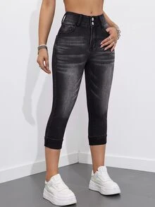 SHEIN Essnce 7英吋女款牛仔緊身牛仔褲 - 黑色 - 查看 3
